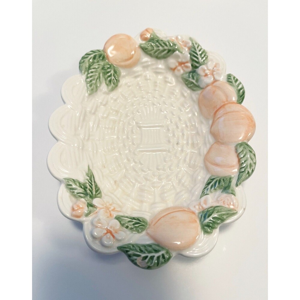 Vintage Avon Peach Soap Dish Ceramic Basket Weave Fruit Floral Trinket 6”x4”